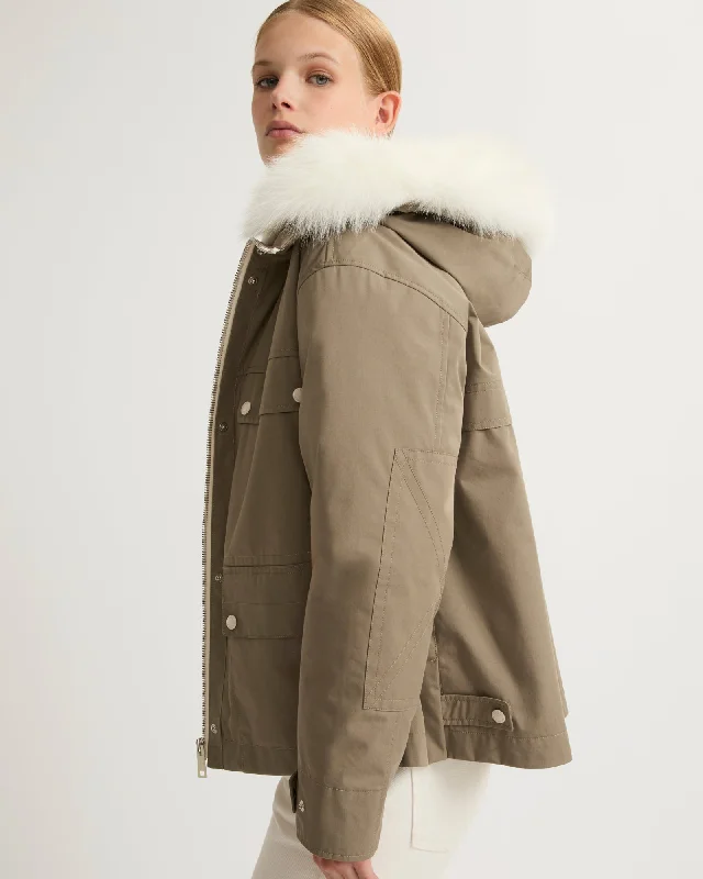 Parka courte en coton mélangé et fourrure Classic Buttoned Parka Jacket