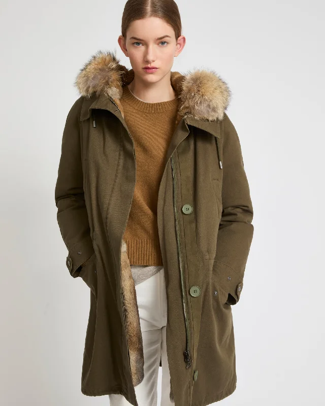 Parka longue en gabardine de coton avec fourrure de coyote et lapin Longline Oversized Parka Coat