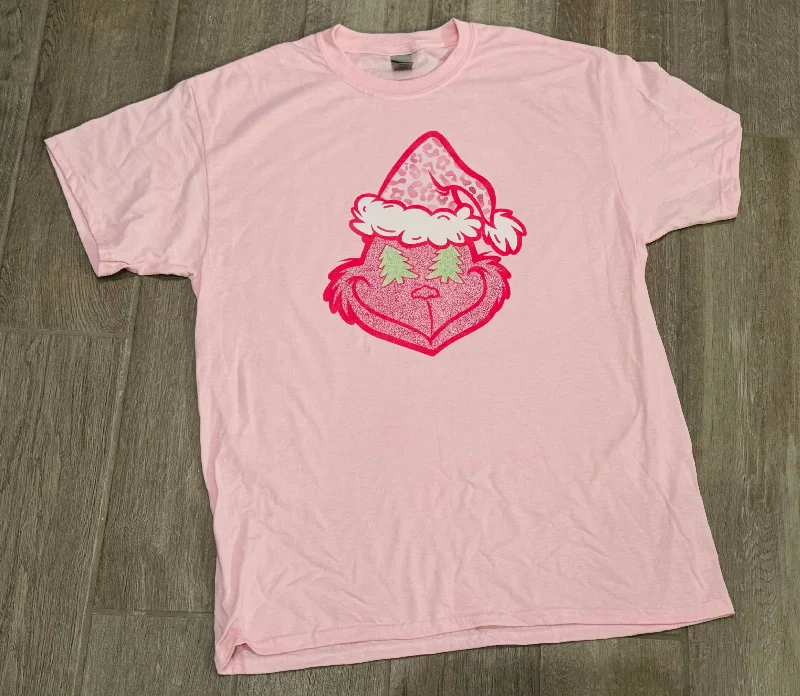 Adult Pink Grinch Face Christmas Graphic Tee Chenille Brocade Lace