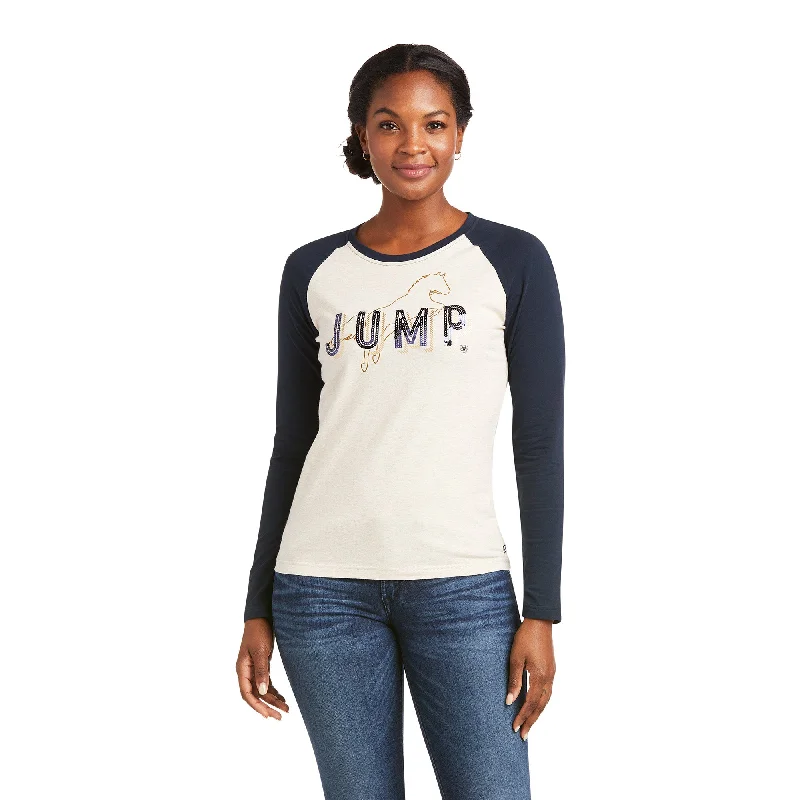 Ariat Ladies Jump Long Sleeve Oatmeal/Sapphire T-Shirt 10036957 Spandex Blend Rayon Blend Denim Blend