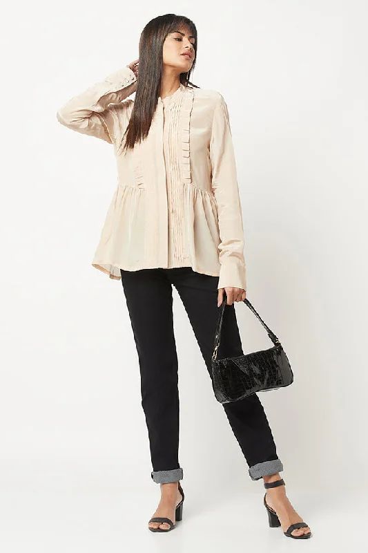 Beige Pleated Silk Shirt Zippered Buttoned Snapped