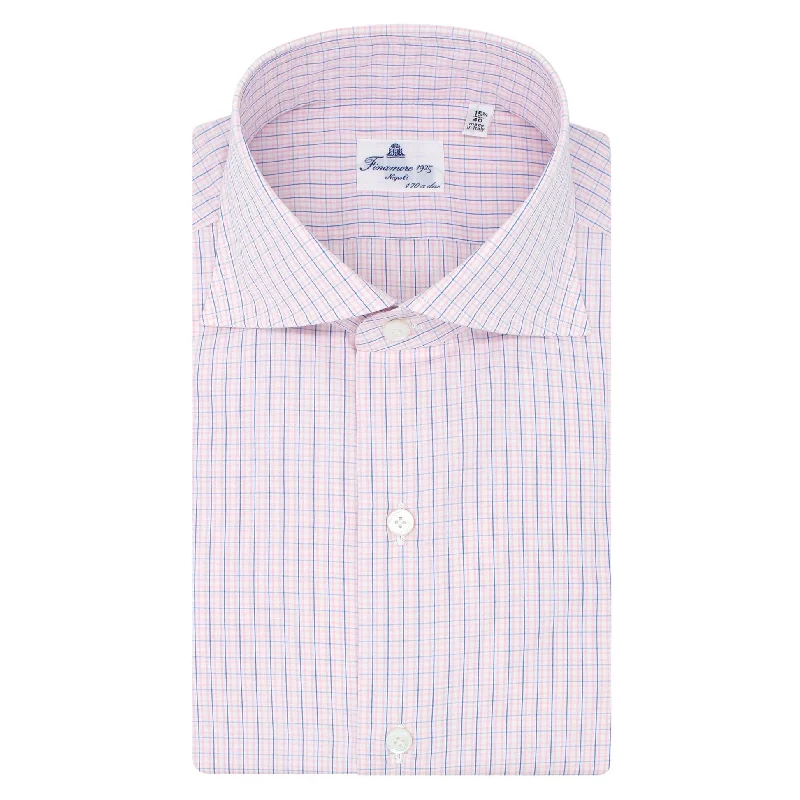 Classic Naples 170 a due check pink shirt. Egyptian giza cotton 45 Collared T-Shirt Boat Neck A-Line