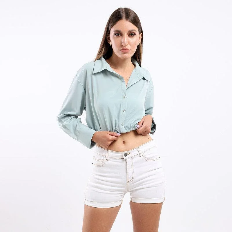 Cropped Summer Shirt With Elastic Hem Welt Pockets Slit Pockets Flap Pockets