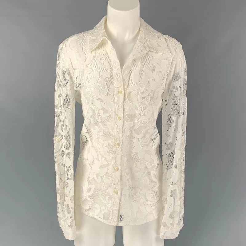 DIANE VON FURSTENBERG Size 6 Cotton Blend  White Lace Button Up Shirt Chenille Brocade Lace