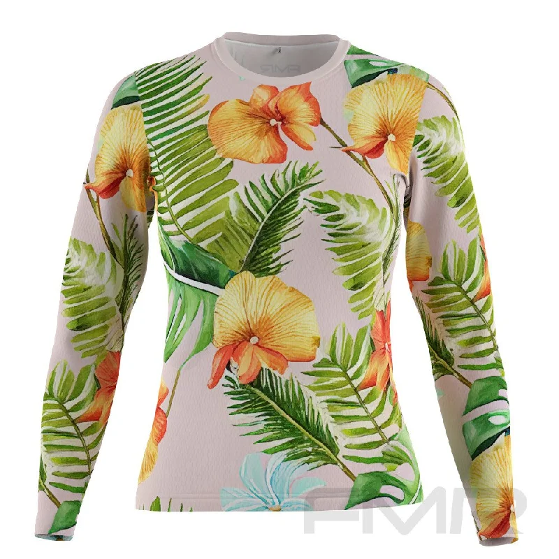 FMR Hawaiian Orange Flowers Women's  Technical Long Sleeve Running Shirt Machine Wash Dry Clean Hand Wash