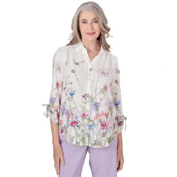 Garden Party Watercolor Floral Woven Shirt Petite Collared Crew Neck Turtle Neck