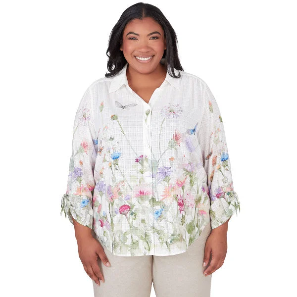 Garden Party Watercolor Floral Woven Shirt Plus Size Notch Collar Peter Pan Collar Cowl Neck