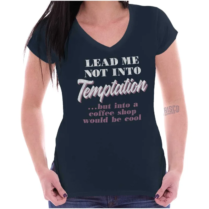 Lead Me Not To Temptation Junior Fit V-Neck T Shirt Front Pockets Side Pockets Patch Pockets