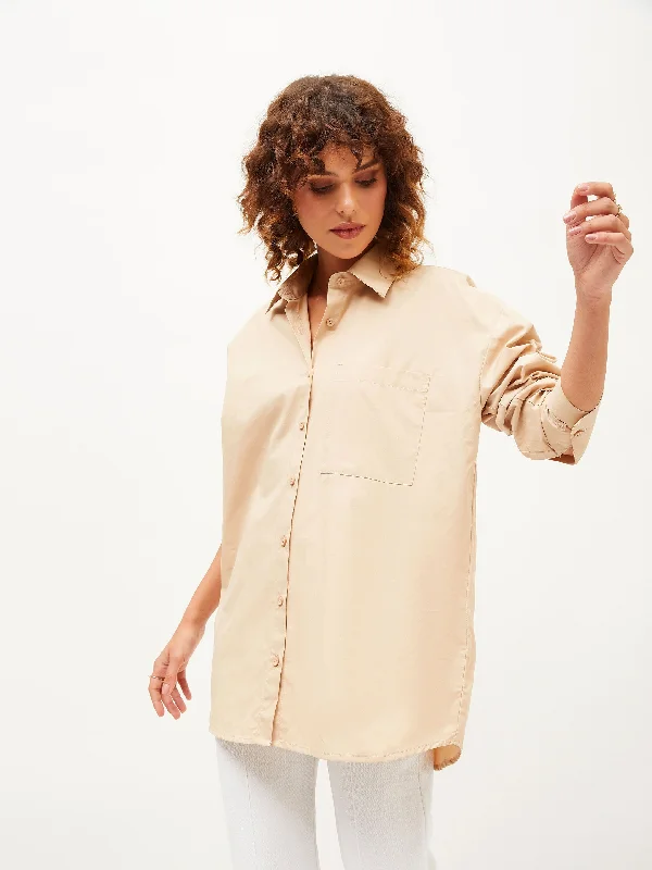 Lyush Women Beige Poplin Oversize Shirt Striped Floral Plaid