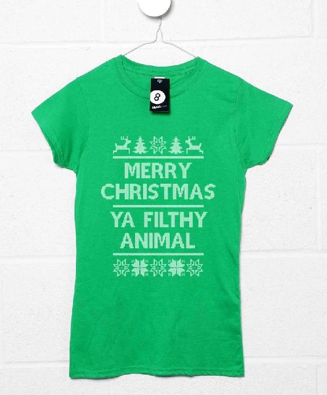 Merry Christmas Ya Filthy Animal Knitted Style T-Shirt for Women Striped Floral Plaid