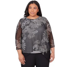 Opposites Attract Flower Mesh Overlay Stripe Shirt Plus Size Sequined Glittery Shiny