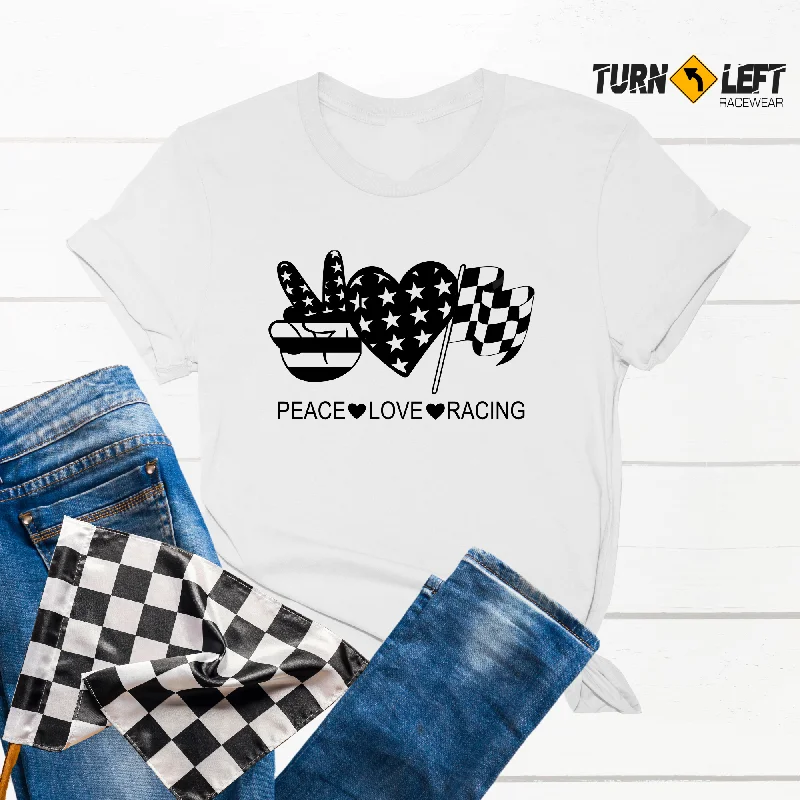 Peace Love Racing US FLAG Checkered Flag Women's T-Shirt Collared Crew Neck Turtle Neck