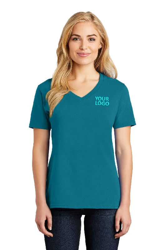 Port & Company Ladies Core Cotton Branded V-Neck Tee's, Teal Rayon Velvet Corduroy