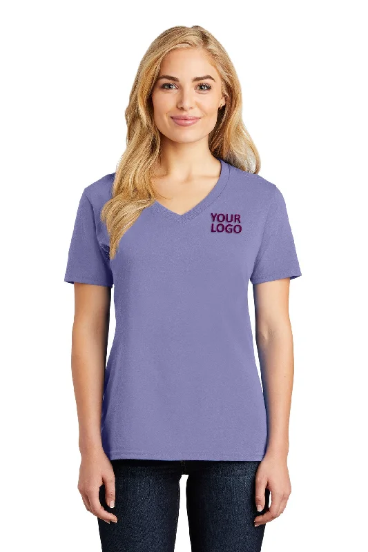 Port & Company Ladies Core Cotton Branded V-Neck Tee's, Violet Polka Dot Checkered Tartan