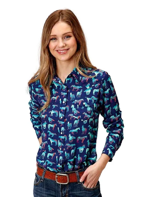 Roper Womens Five Star Horse Print Shirt Asymmetrical Pockets Print