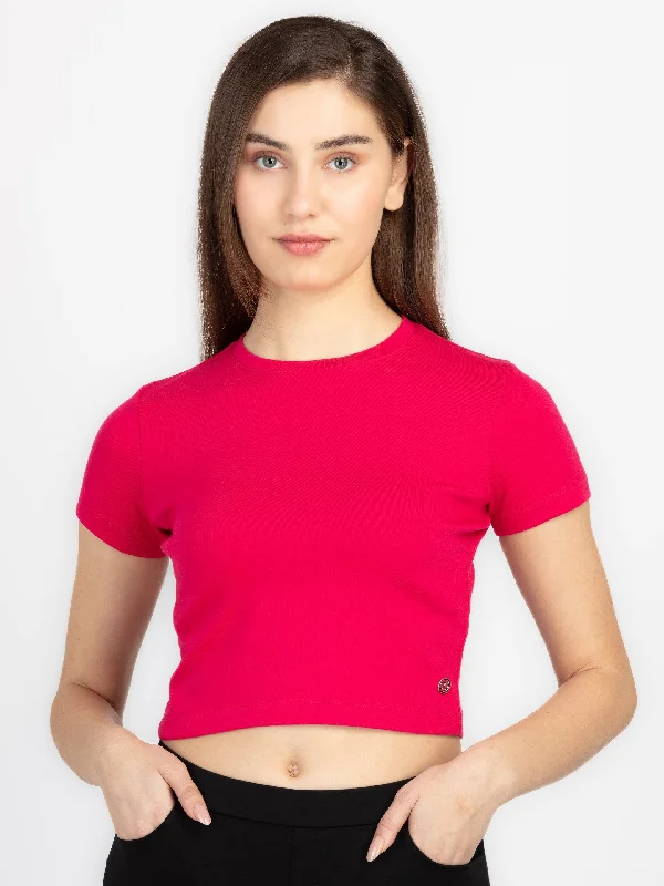 Womens Solid Round Neck Crop T-Shirt Modern Contemporary Chic