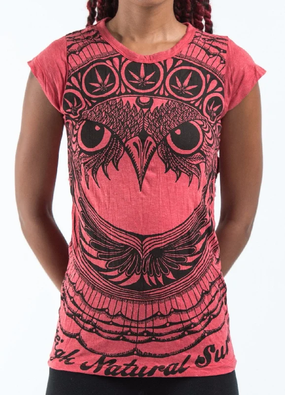 Sure Design Women's Weed Owl T-Shirt Red Fitted T-Shirt Seamless Stretchy