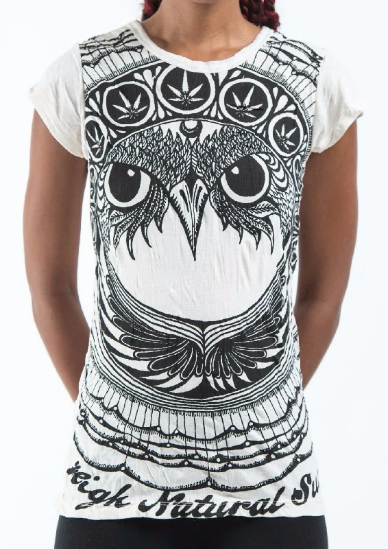 Sure Design Women's Weed Owl T-Shirt White Modern Contemporary Chic