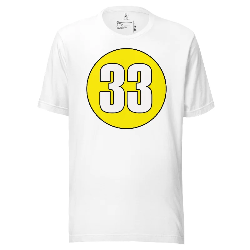 Unisex t-shirt: White on Yellow 33 Fleece Nylon Spandex