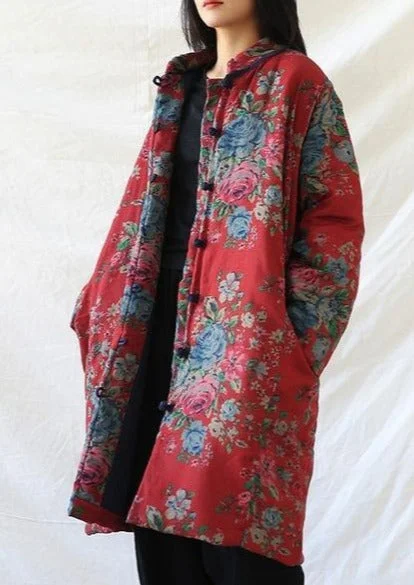 Women Red Print Floral Vintage Parkas Linen Pockets Winter New Chinese Style Parkas Hooded Puffer Parka Jacket