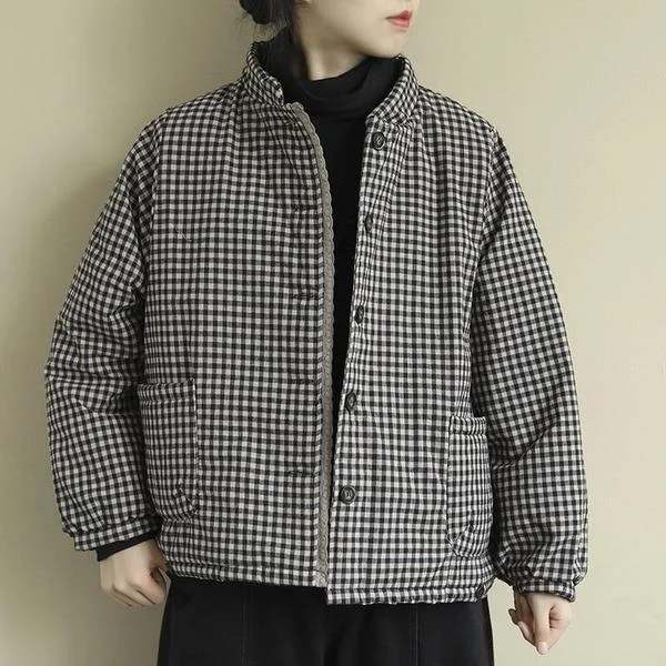 Women Vintage Plaid Parkas Button Cotton Blend Stand Pockets Cozy Down-Filled Parka