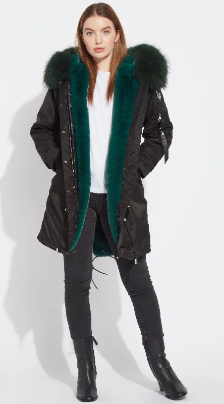 Womens Black Water-Repellent Luxy Fur Parka - 3/4 Emerald Green Mid-Length Waterproof Parka