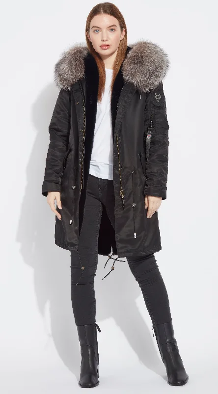 Womens Black Water-Repellent Luxy Fur Parka - 3/4 Silver Frost Fox Quilted Insulated Parka Coat