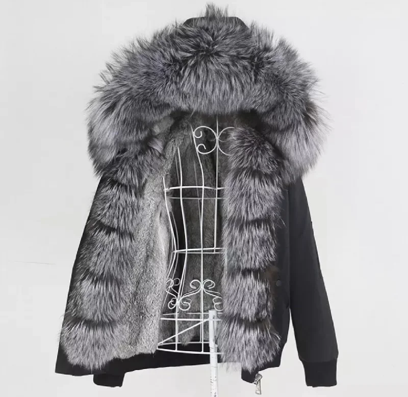 Women's Fox Fur Short Parka in Black Quilted Fitted Parka Coat