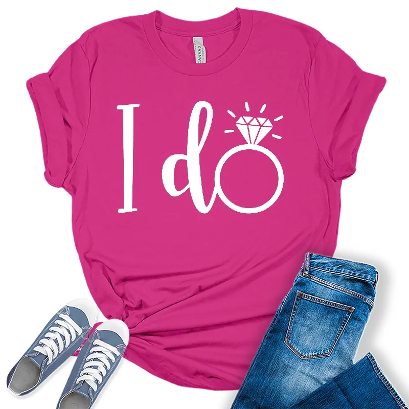 Women's I Do Shirt Cute Bridal Party White Letter Print Graphic Tees Welt Pockets Slit Pockets