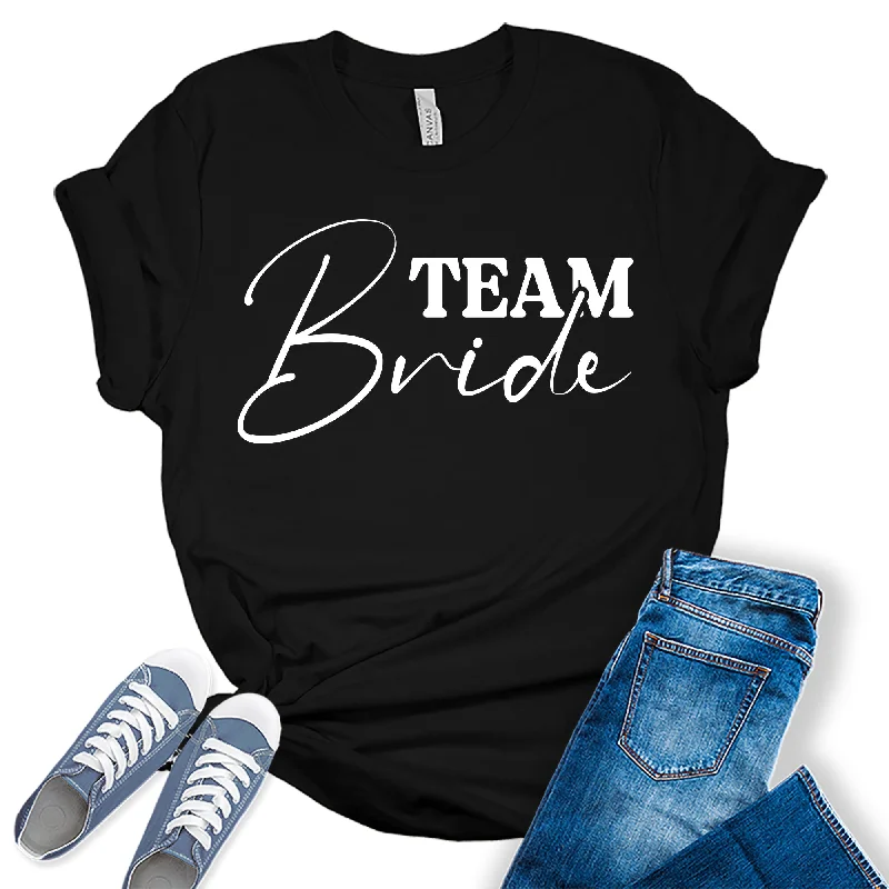 Women's Team Bride Shirt Cute Bridal Party White Letter Print Graphic Tees Welt Pockets Slit Pockets Flap Pockets