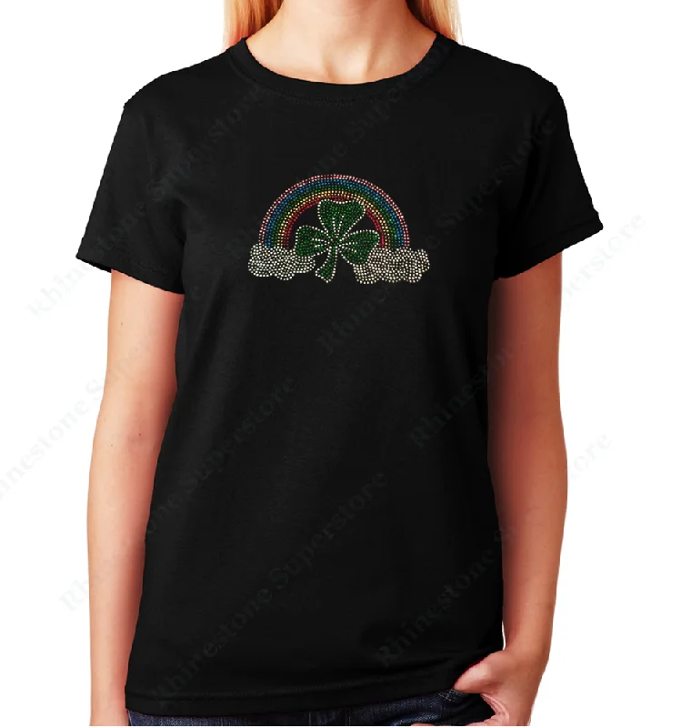 Women's / Unisex T-Shirt with Rainbow and Clover for St. Patrick's Day in Rhinestones Mesh Canvas Denim