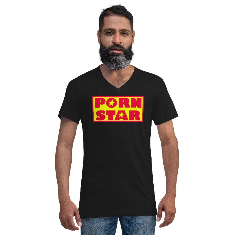 Yellow and Red Porn Star Logo Short Sleeve V-Neck T-Shirt Rayon Velvet Corduroy