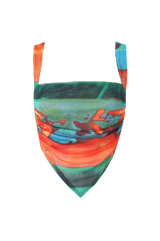 Sexy Tie Dye Cowl Neck Bow Tie Back Sheer Mesh Scarf Crop Tank Top workout tank top