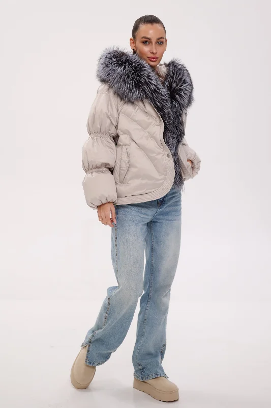 Genuine Silver Fox Fur Cropped Down Fill Parka Cozy Lined Parka Jacket