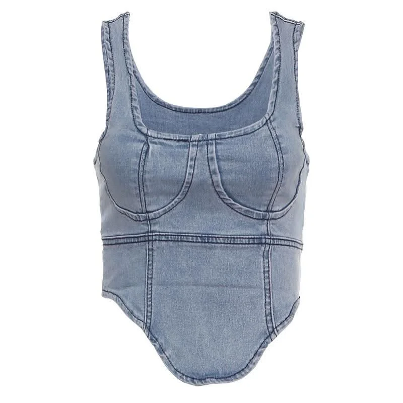 Denim square neck zip-up sleeveless tank top cutout tank top