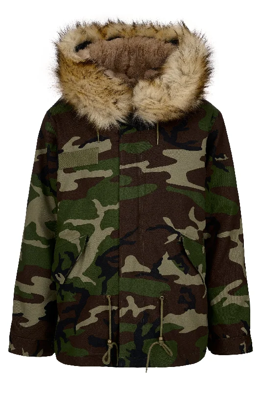 Popski London Parka Cameo Print Faux with natural tan fur Waterproof Windproof Parka Coat