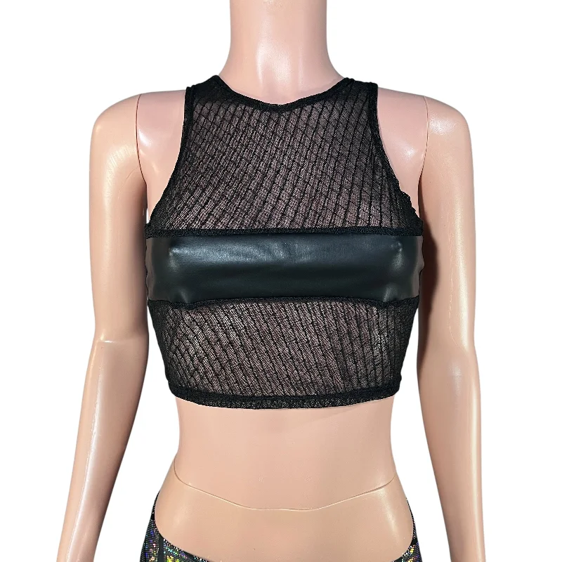 Sheer Top Mesh Censor Crop Tank - Black Vixen Mesh w/ Black Matte Metallic scoop neck tank