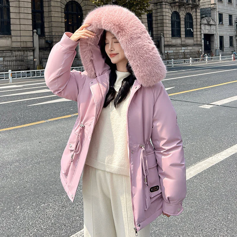 Elegant Waist Tight Short Parka with Removable Faux Fur Collar Chic Winter Essential Plush Lined Parka Coat