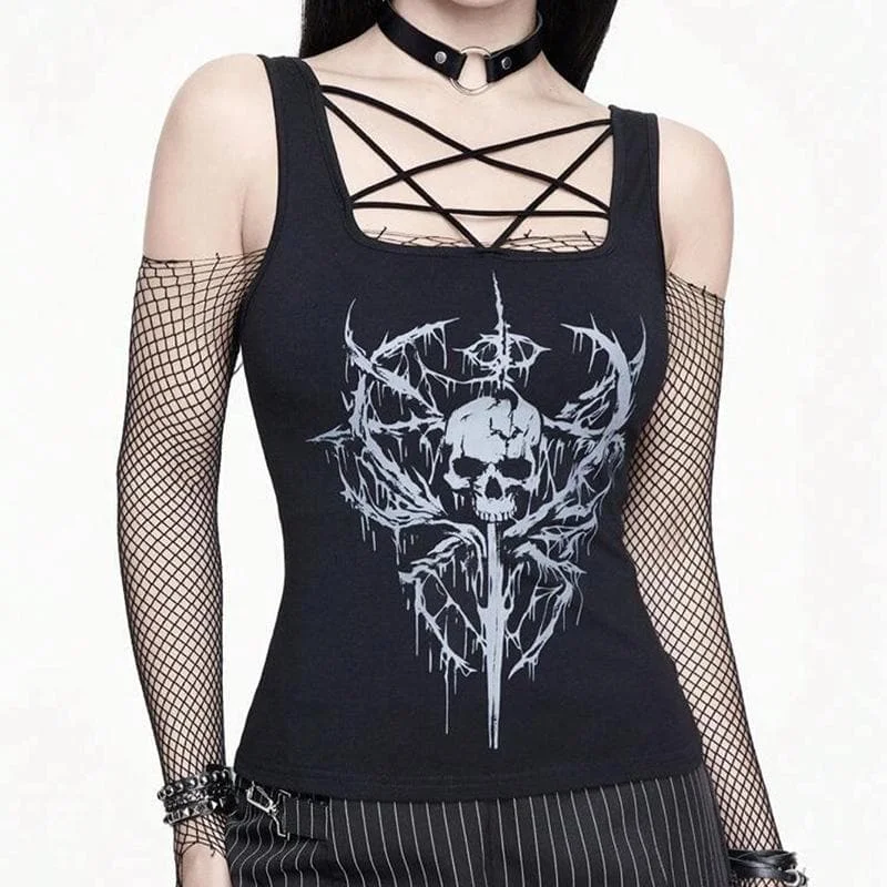 U neck skeleton print cross front tank top loose fit tank