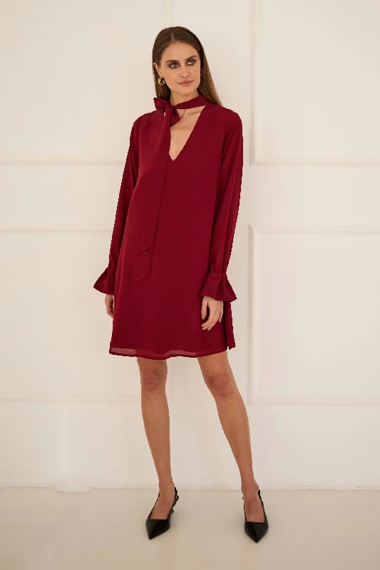 Dress With a Sash Burgundy Crew Neckline Casual