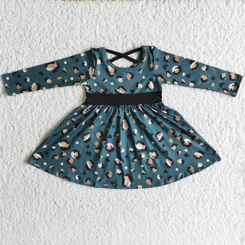 Girl Blue Leopard Long Sleeve Twirl Dress Tunics Exclusive limited