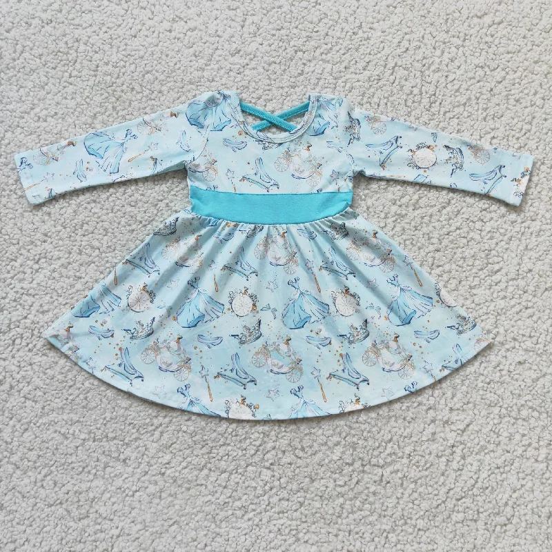 Girl Blue Princess Long Sleeve Twirl Dress Boat Neckline Classic