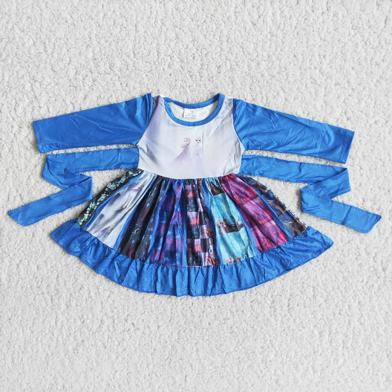 Girl Blue Screen Princess Patchwork Twirl Dress Tunics Silk luxurious