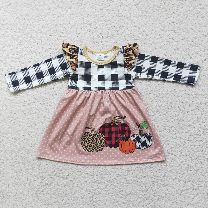 Girl Plaid Pumpkin Long Sleeve Dress Casual Short Summer