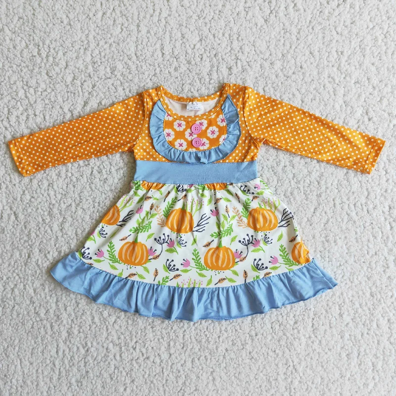 6 A12-30 Girl Pumpkin Polka Dot Long Sleeve Dress-promotion 2024.8.3 Tunics Fleece cozy