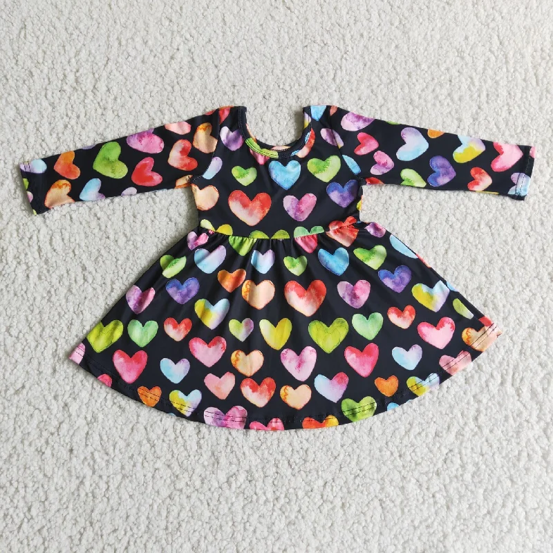 Girl Rainbow Heart Long Sleeve Twirl Dress Tunics Distressed trendy