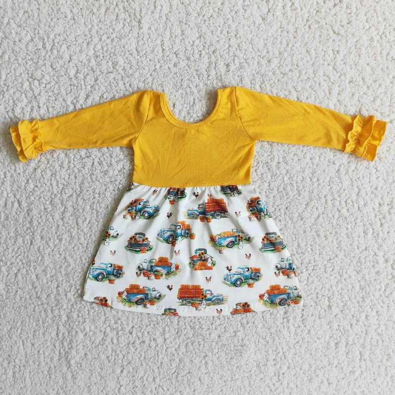 Girl Yellow Pumpkin Car Dress Boat Neckline Classic