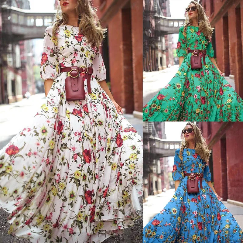 Half Sleeve Large Swing Floral Print Holiday Long Dress Tunics Fashionable trendy