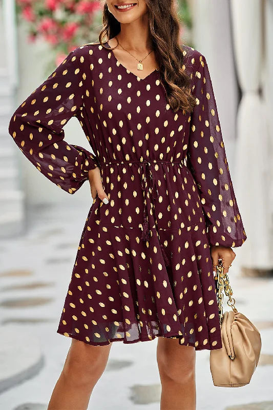 Long Sleeve Swiss Dot Chiffon Short Flowy Dress with Belt Tunics Short Trendy