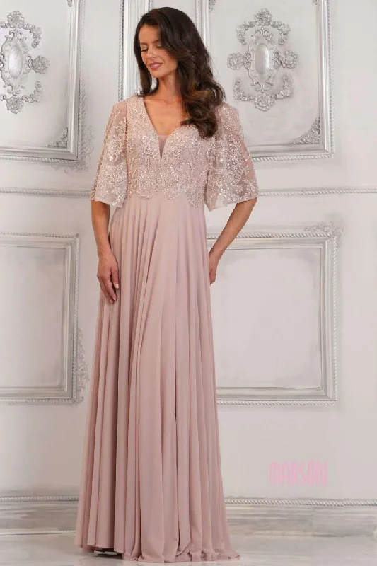 Marsoni by Colors -MV1302 V-Neck Beaded Bodice A-Line Dress Cowl Neckline Elegant